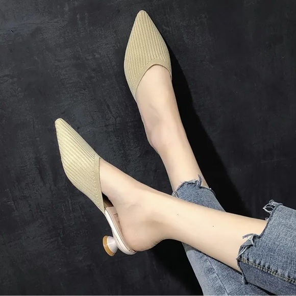 Kitten heel mule Summer color sand fabric upper stylized heels NWOT - Picture 3 of 10